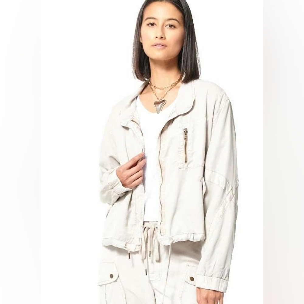 Young Fabulous And Broke Clara tan beige tencel utility bomber jacket